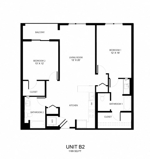 Floor plan for 2 beds, 2 baths, 1189 sqft